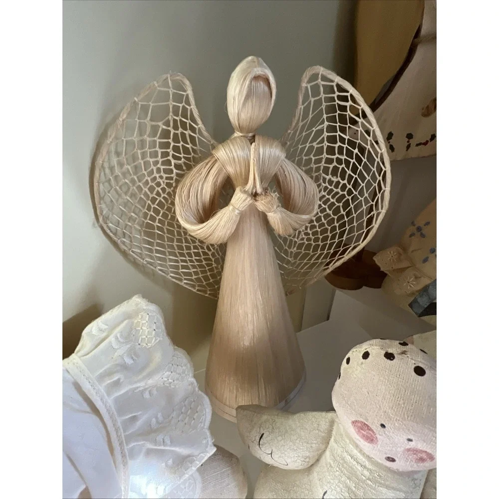 Vintage Primitive Angel Collection Lot Christmas Decor Folk Art Cloth Wood Straw